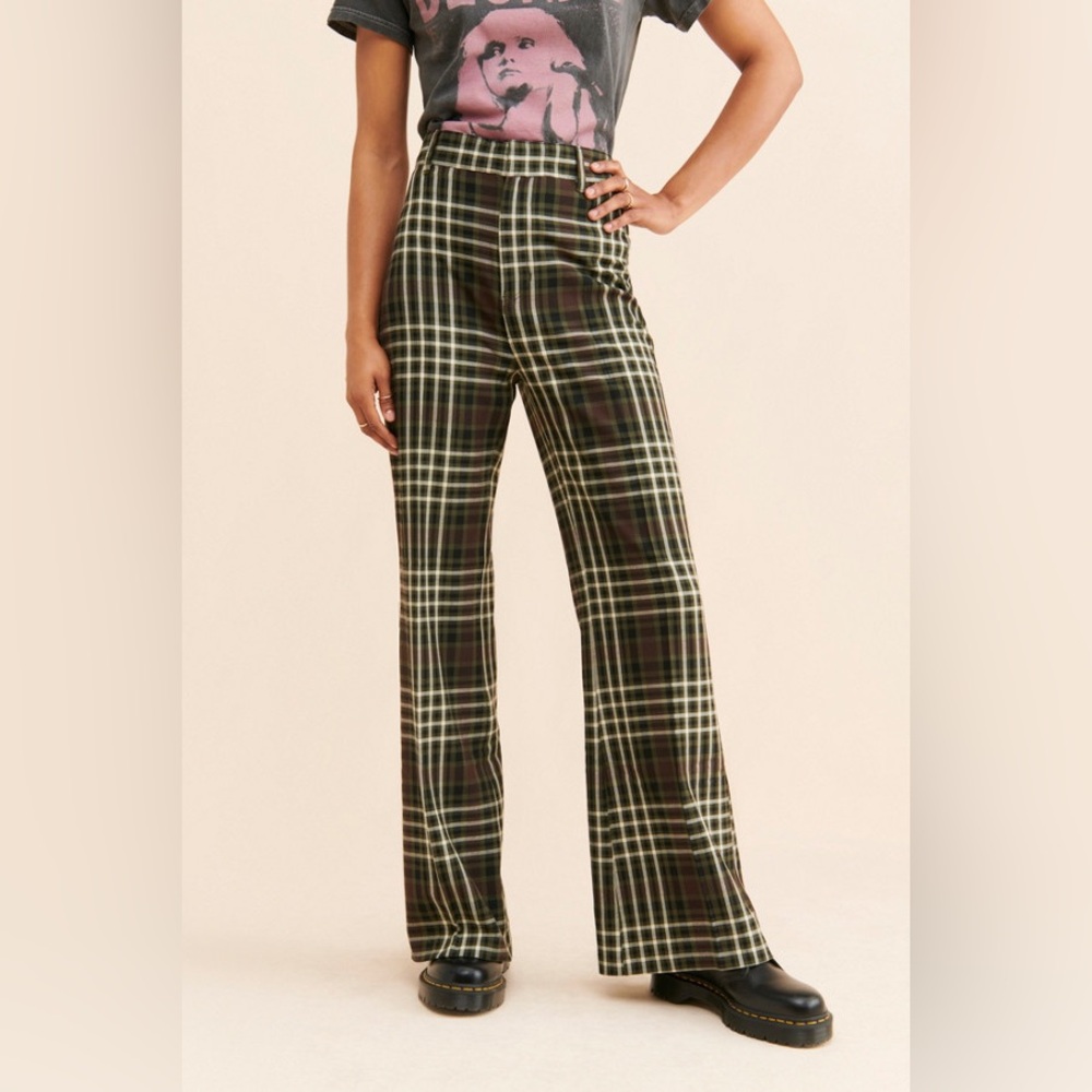 Free People Plaid Wide-Leg Pants - Green and Cream